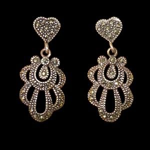 Sterling Silver 925 Marcasite Earrings vintage heart art noveau signed SU